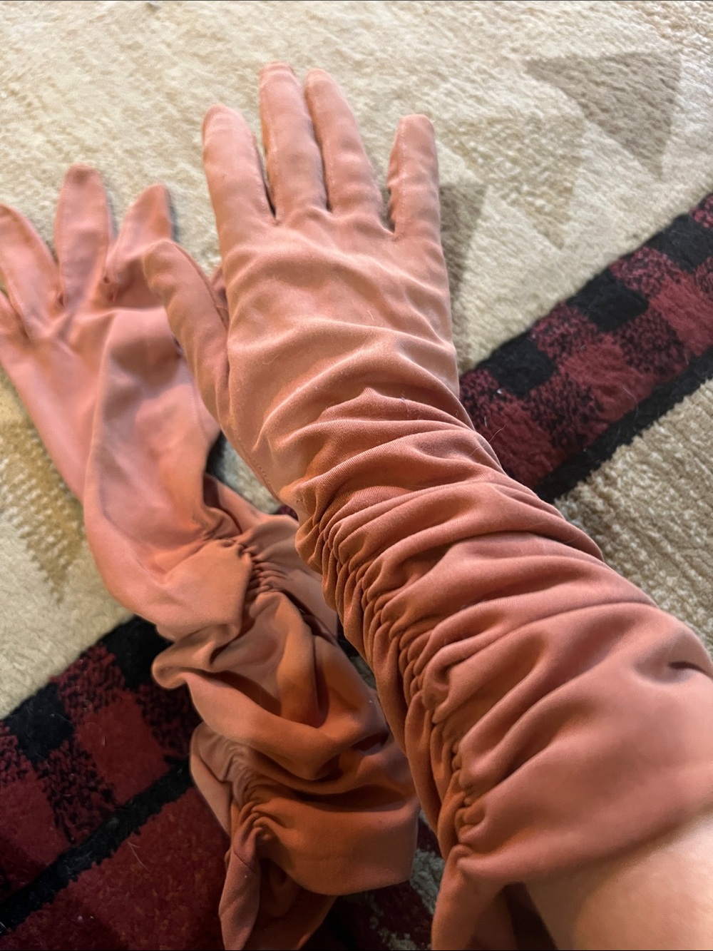 Vintage 1960s Harms of California Ruched Nylon Evening Gloves Salmon Peach